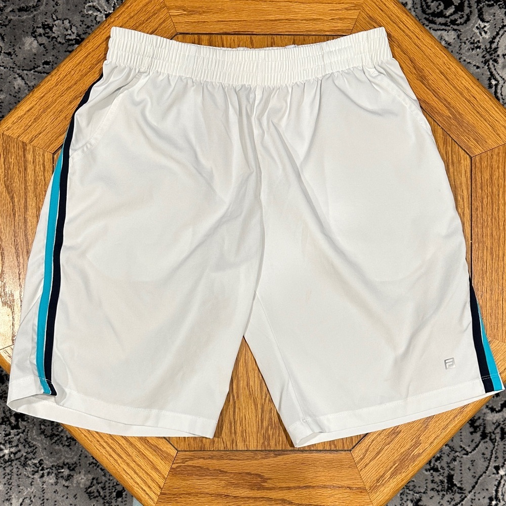 *FILA* White Athletic Shorts w/ Black x Blue Stripes Size Large (12-14)
